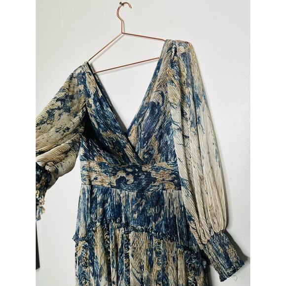 RENE RUIZ COLLECTION Blue Gold Swirled Floral Flowing Tiered Boho Maxi Dress 12 - Picture 13 of 16